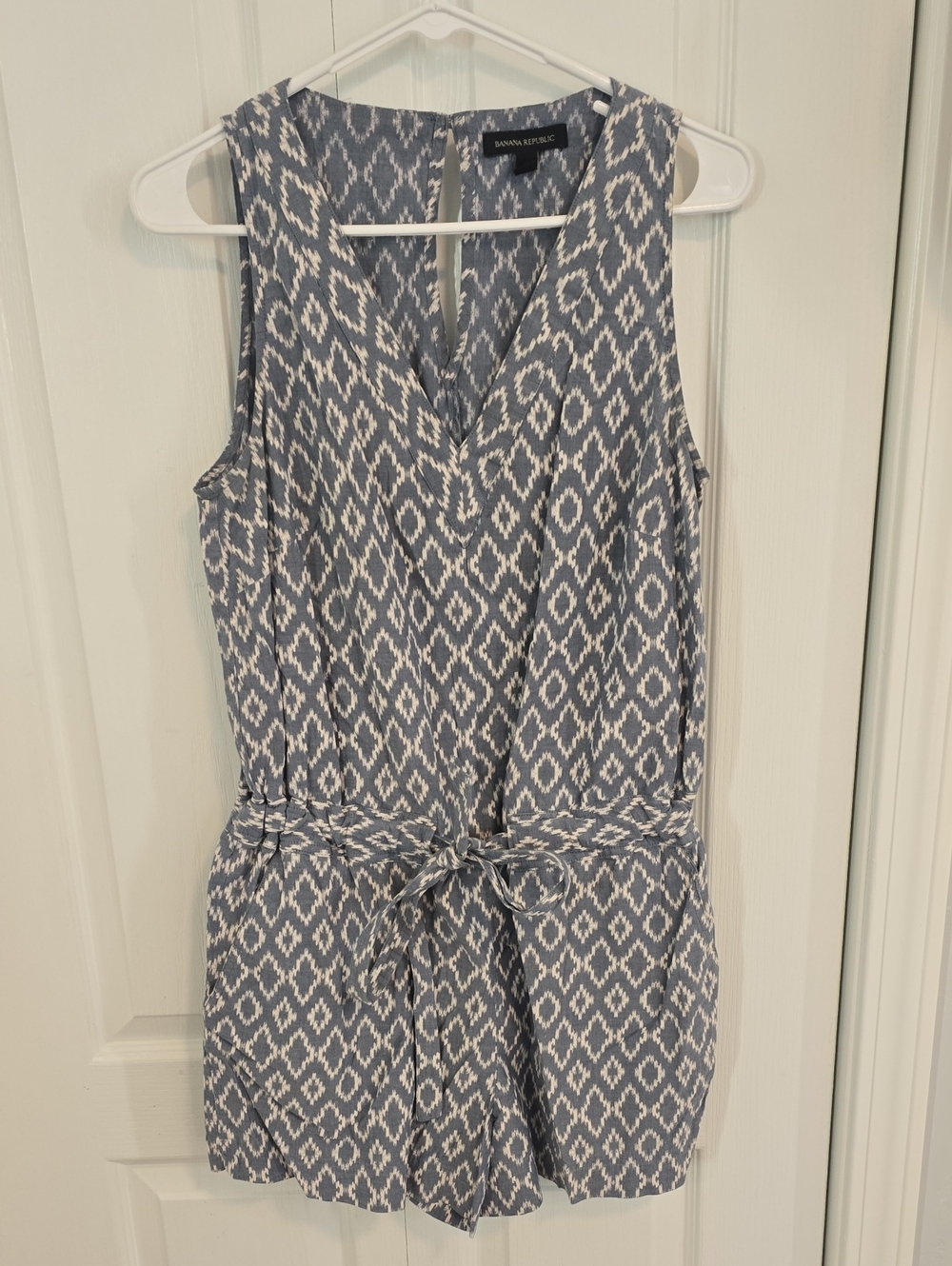 Banana Republic Blue and White Sleeveless Tie-Waist Mini Dress